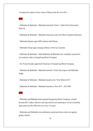 33
-Company has splits its Face value of Shares from Rs 10 to Rs 5
2011
- Mahindra  Mahindra - Mahindra launched ‘Genio' - India's Next Generation
Pick Up
- Mahindra  Mahindra - Mahindra announces entry into Micro Irrigation Business
- Mahindra Satyam signs ERP contract with Omran
- Mahindra Group signs strategic alliance with Cisco Systems
- Mahindra  Mahindra - India Mahindra  Mahindra Ltd. completes acquisition
of a majority stake in SsangYong Motor Company
- Dr. Pawan Goenka appointed Chairman of SsangYong Motor Company.
- Mahindra  Mahindra - Mahindra launches 'Verito' the Logan with Mahindra
badge
- Mahindra  Mahindra - Mahindra launches the ‘New Bolero SUV'
- Mahindra  Mahindra - Mahindra launches a New SUV - XUV500
2012
- Mahindra and Mahindra had acquired Ssangyong Motor Company, a South
Korean SUV maker, almost a year ago and are now planning to set up a assembly
plant and invest Rs 800 crore over next 3-4 years
- Mahindra and Mahindra wins arbitration award and class action suit against
global vehicles
 
