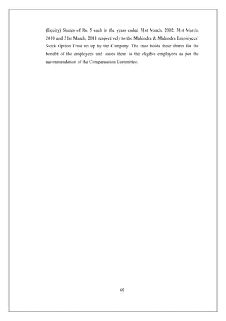 69
(Equity) Shares of Rs. 5 each in the years ended 31st March, 2002, 31st March,
2010 and 31st March, 2011 respectively to the Mahindra  Mahindra Employees’
Stock Option Trust set up by the Company. The trust holds these shares for the
benefit of the employees and issues them to the eligible employees as per the
recommendation of the Compensation Committee.
 
