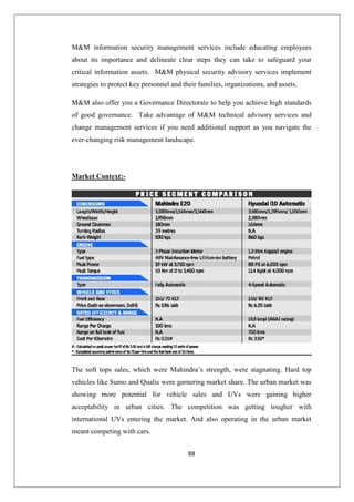 88
MM information security management services include educating employees
about its importance and delineate clear steps they can take to safeguard your
critical information assets. MM physical security advisory services implement
strategies to protect key personnel and their families, organizations, and assets.
MM also offer you a Governance Directorate to help you achieve high standards
of good governance. Take advantage of MM technical advisory services and
change management services if you need additional support as you navigate the
ever-changing risk management landscape.
Market Context:-
The soft tops sales, which were Mahindra’s strength, were stagnating. Hard top
vehicles like Sumo and Qualis were garnering market share. The urban market was
showing more potential for vehicle sales and UVs were gaining higher
acceptability in urban cities. The competition was getting tougher with
international UVs entering the market. And also operating in the urban market
meant competing with cars.
 