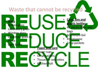 Waste that cannot be recycled
• Cans, tins and
plastic bottles
• All plastic films and
bags
• Aluminum foil
• Polystyrene
• Crisp packets

•
•
•
•
•

Glass
Broken glass
Laboratory glass
Window glass
Cookware glass eg
Pyrex
• Light bulbs

•
•
•
•
•

Paper and card
Paper cups
Crisp packets
Tissues or serviettes
Kitchen Roll

 