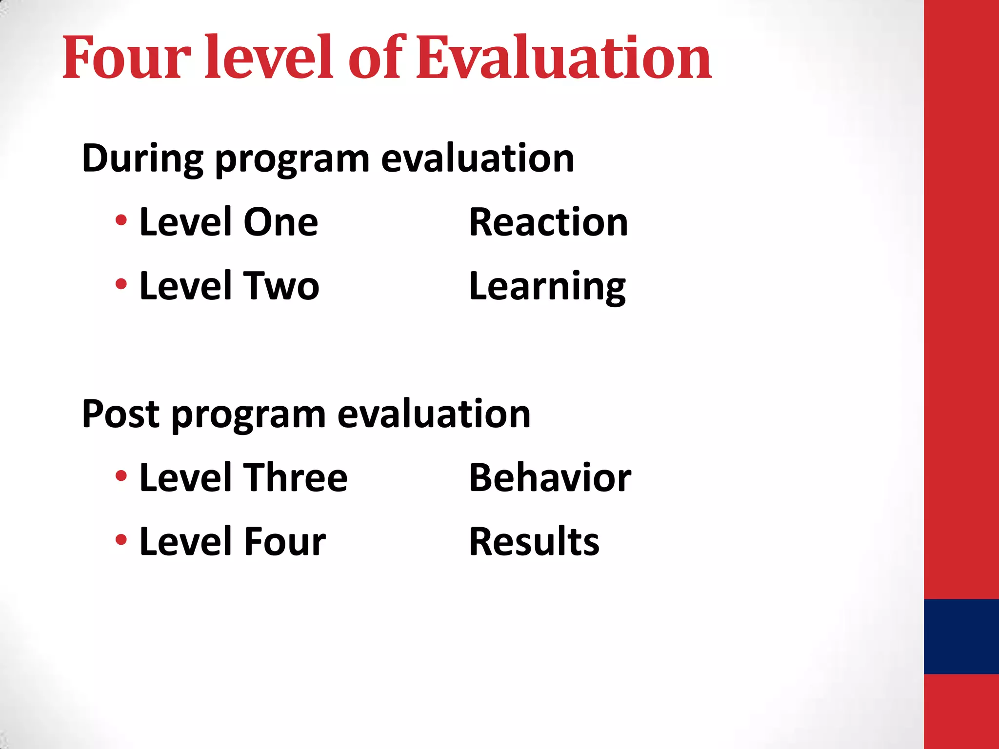 Four level of Evaluation
During program evaluation
• Level One
Reaction
• Level Two
Learning
Post program evaluation
• Level Three
Behavior
• Level Four
Results

 