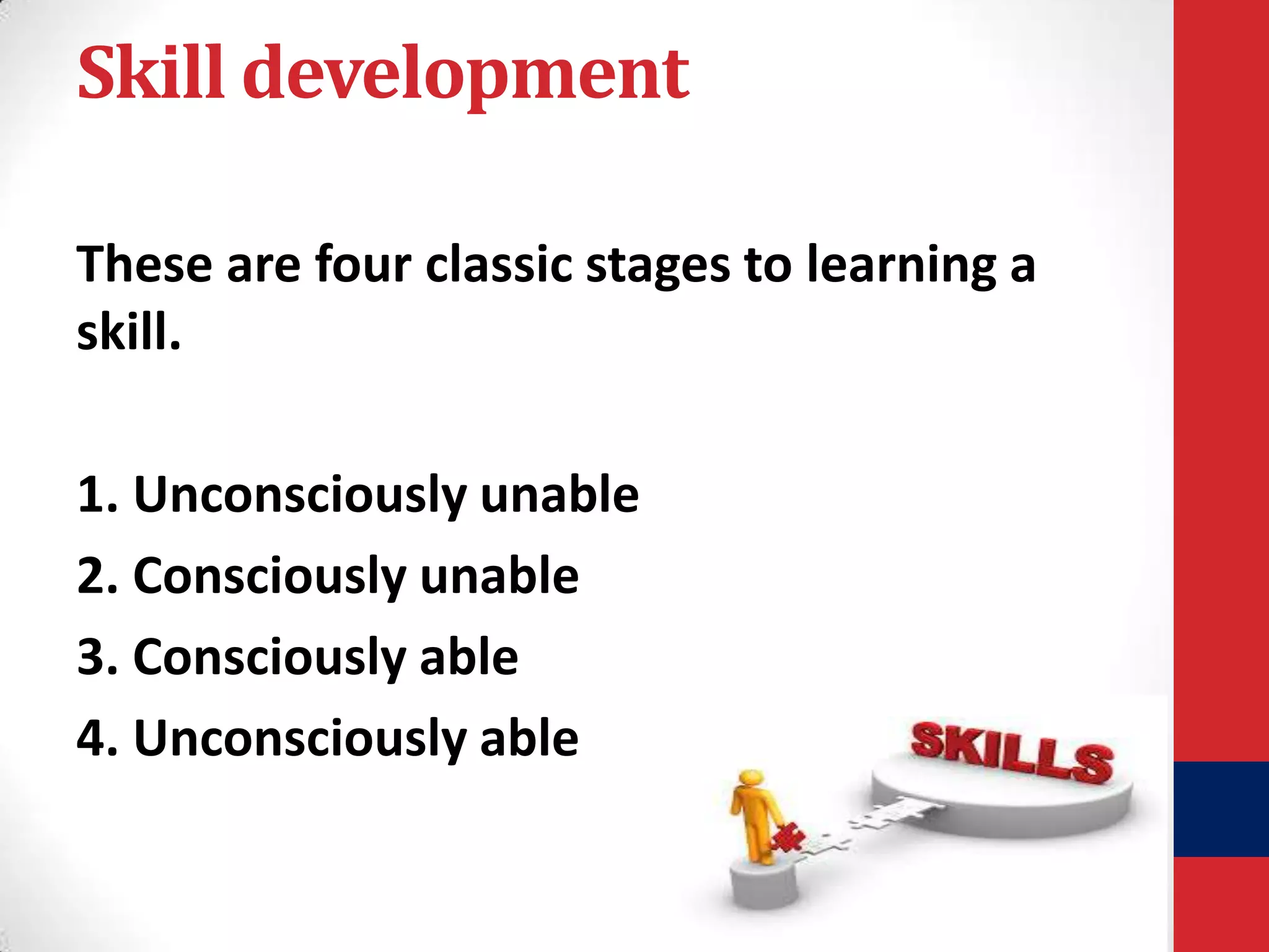 Skill development
These are four classic stages to learning a
skill.
1. Unconsciously unable
2. Consciously unable
3. Consciously able
4. Unconsciously able

 