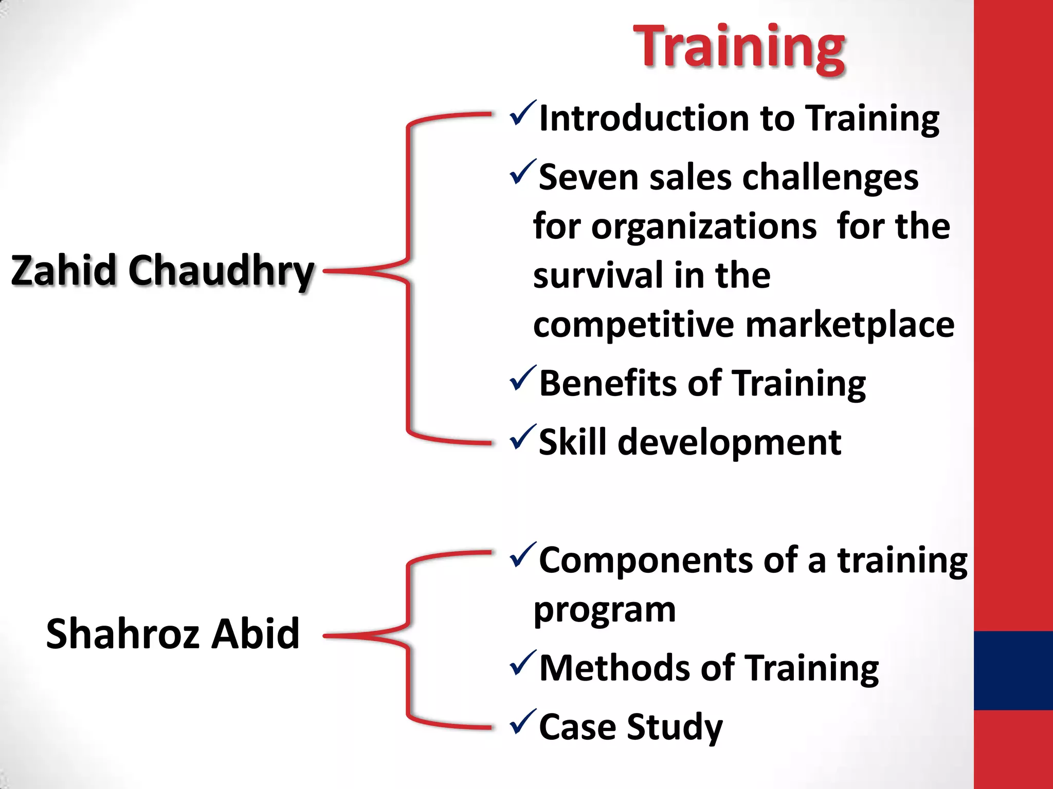 Training

Zahid Chaudhry

Introduction to Training
Seven sales challenges
for organizations for the
survival in the
competitive marketplace
Benefits of Training
Skill development

Shahroz Abid

Components of a training
program
Methods of Training
Case Study

 