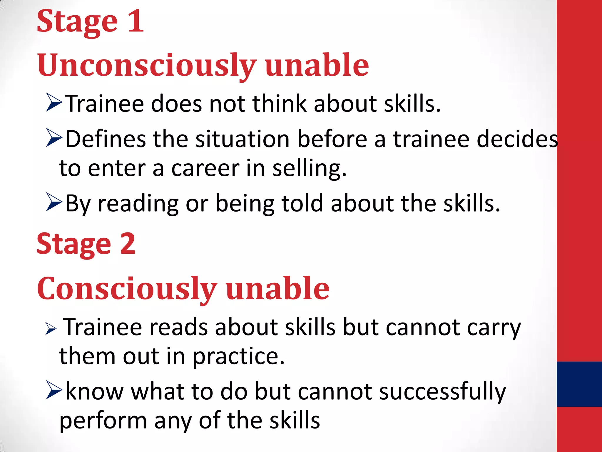 Stage 1
Unconsciously unable
Trainee does not think about skills.
Defines the situation before a trainee decides
to enter a career in selling.
By reading or being told about the skills.

Stage 2
Consciously unable
 Trainee

reads about skills but cannot carry
them out in practice.
know what to do but cannot successfully
perform any of the skills

 