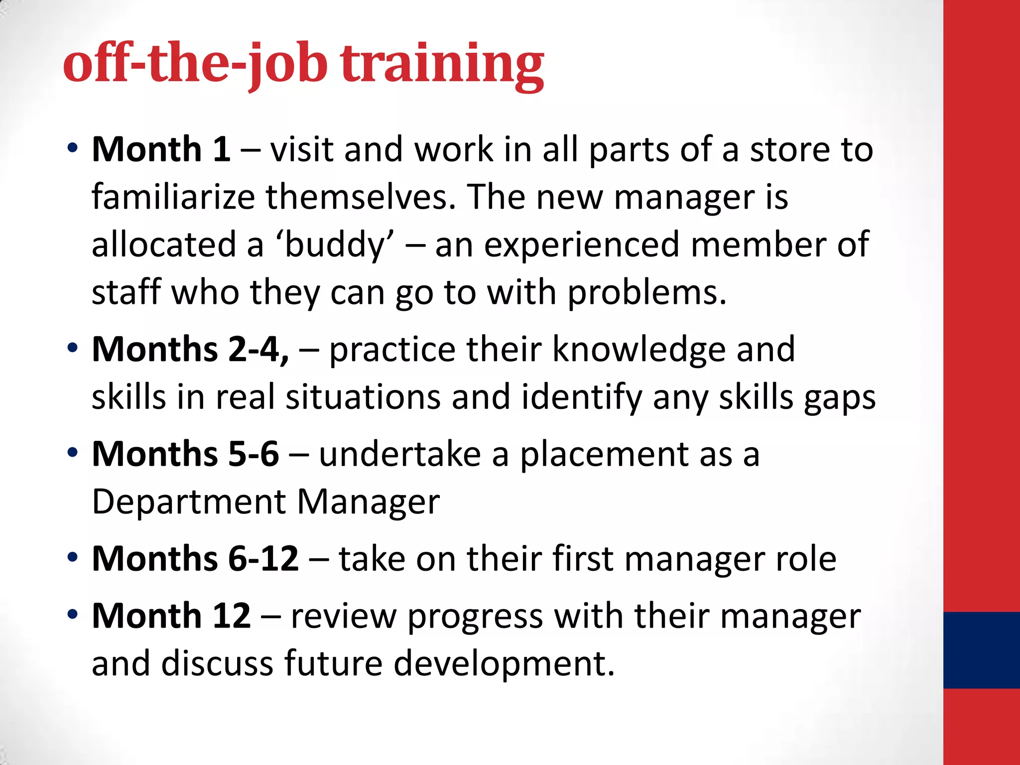 off-the-job training
• Month 1 – visit and work in all parts of a store to
familiarize themselves. The new manager is
allocated a ‘buddy’ – an experienced member of
staff who they can go to with problems.
• Months 2-4, – practice their knowledge and
skills in real situations and identify any skills gaps
• Months 5-6 – undertake a placement as a
Department Manager
• Months 6-12 – take on their first manager role
• Month 12 – review progress with their manager
and discuss future development.

 