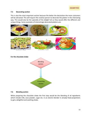 7.5

Decorating section

This is also the most important section because the better the decoration the more costumers
will be attracted. This will require the creative person to decorate the platter in the interesting
way. This would also be the specialty of the delight full as they would offer the different and
unique things. Some examples of interestingly decorated platters are:

For the chocolate shake
Blending
section

Presenting
section

7.6

Blending section

While preparing the chocolate shake the first step would be the blending of all ingredients
which include milk, coco powder, sugar etc. in an electric blender in already fixed proportions
to get a delightful and soothing shake.

13

 