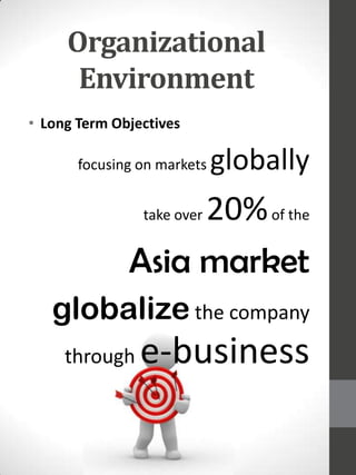 Organizational
Environment
• Long Term Objectives
focusing on markets

globally

20% of the
Asia market
take over

globalize the company
through

e-business

 