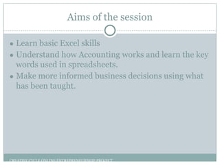 Aims of the session
● Learn basic Excel skills
● Understand how Accounting works and learn the key

words used in spreadsheets.
● Make more informed business decisions using what
has been taught.

CREATIVE CYCLE ONLINE ENTREPRENEURSHIP PROJECT

 
