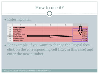 How to use it?
● Entering data:

● For example, if you want to change the Paypal fees,

click on the corresponding cell (E25 in this case) and
enter the new number.

CREATIVE CYCLE ONLINE ENTREPRENEURSHIP PROJECT

 