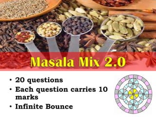 • 20 questions
• Each question carries 10
marks
• Infinite Bounce
 