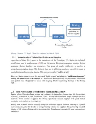 Figure 7: Boeing 787 Supply Chain Process based on (Marsh, 2009).
3.2.2 Non uniformity of Technical Specification across Suppliers
According to(Nolan, 2012), prior to the manufacture of the Dreamliner 787, Boeing the technical
specification team is usuallya group of 100 and 200 people. The team composition includes, Boeing
engineers, Boeing Suppliers and contractors. This group of people collaborates to develop a
comprehensive airplane design. This design is then sent to allBoeings suppliers, who will formulate a
detailed design and engineering drawing. This process was called “build to print”.
However, Boeing chose to scrap this process of “Build to print” and adopt the “build to performance”
during the manufacture of Dreamliner 787. In this case Boeing will only list performance criteria and
each partner (Teir 1 Supplier) was tasked with designing detailed engineering drawings of the Boeing
787.
3.3 RISK ASSOCIATED WITH BOEING SUPPLIER SELECTION
Boeing selected Suppliers based on trust and confidence in thesuppliers because they felt the suppliers
were very experienced in their fields(Gates, 2013) . Boeing did not maintain proper oversight on their
suppliers. From research it appears that Boeing specifically selected suppliers with good market
reputation in the various services required.
Boeing took a drastic step to suddenly change its traditional supplier selection sourcing to a global
supplier selection, also they decided to form partnership with tier one suppliers. This partnership included
sharing of risk between Boeing and its tier one supplier. This changes were met with some repercussions,
as follows:
Tier Three
Tier Two
Tier One
Boeing
Supplies
Preassemble and Supplies
Preassemble and Supplies
Boeing
Final Assembly of
parts from all
Tier one supplier
 
