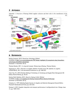 5 APPENDIX
Appendix 1: Overview of Boeing Global supplier selection and their roles in the manufacture of the
Boeing 787
6 REFERENCES
Boeing Company, 2013. DreamLiner Advantage. [Online]
Available at: http://www.newairplane.com/787/design_highlights/#/exceptional-value/dreamliner-
advantages/dreamliner-advantages
[Accessed 11 November 2013].
Thomson Reuters, 2011. A wing and A prayer: Outsourcing at Boeing,: Thomson Reuters.
Aguezzoul, A., 2011. Overview on supplier selection of goods versus 3PL selection. In: Logistics
(LOGISTIQUA), 2011 4th International Conference on, pp. 248-253.
Arjan Van, W., 2010. Decision Making in Purchasing. In: Purchasing and Supply Chain Management 5th
Edition.:Thomas Rennie, pp. 29-33.
Boeing Public Relations, 2013. About Us: Boeing In Brief. [Online]
Available at: http://www.boeing.com/boeing/companyoffices/aboutus/brief.page
[Accessed 12 November 2013].
Compton, H., 1979. Selecting Supply Sources. In: Supplies and Materials Management Second Edition.
Plymouth: Macdonald and Evans, pp. 222-223.
Danese, P., 2013. Supplier integration and company performance: A configurational view. Omega, Issue
41, pp. 1029-1041.
 