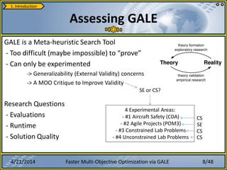 4/21/2014 Faster Multi-Objective Optimization via GALE
GALE is a Meta-heuristic Search Tool
- Too difficult (maybe impossible) to “prove”
- Can only be experimented
-> Generalizability (External Validity) concerns
-> A MOO Critique to Improve Validity
Research Questions
- Evaluations
- Runtime
- Solution Quality
Assessing GALE
4 Experimental Areas:
- #1 Aircraft Safety (CDA)
- #2 Agile Projects (POM3)
- #3 Constrained Lab Problems
- #4 Unconstrained Lab Problems
SE or CS?
SE
CS
CS
CS
1. Introduction
8/48
 