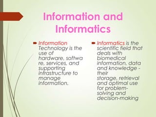 Information and
Informatics
 Information
Technology is the
use of
hardware, softwa
re, services, and
supporting
infrastructure to
manage
information.
 Informatics is the
scientific field that
deals with
biomedical
information, data
and knowledge -
their
storage, retrieval
and optimal use
for problem-
solving and
decision-making
 