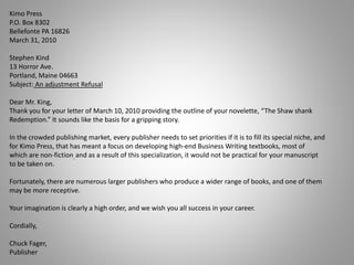 Kimo Press
P.O. Box 8302
Bellefonte PA 16826
March 31, 2010
Stephen Kind
13 Horror Ave.
Portland, Maine 04663
Subject: An adjustment Refusal
Dear Mr. King,
Thank you for your letter of March 10, 2010 providing the outline of your novelette, “The Shaw shank
Redemption.” It sounds like the basis for a gripping story.
In the crowded publishing market, every publisher needs to set priorities if it is to fill its special niche, and
for Kimo Press, that has meant a focus on developing high-end Business Writing textbooks, most of
which are non-fiction, and as a result of this specialization, it would not be practical for your manuscript
to be taken on.
Fortunately, there are numerous larger publishers who produce a wider range of books, and one of them
may be more receptive.
Your imagination is clearly a high order, and we wish you all success in your career.
Cordially,
Chuck Fager,
Publisher
 