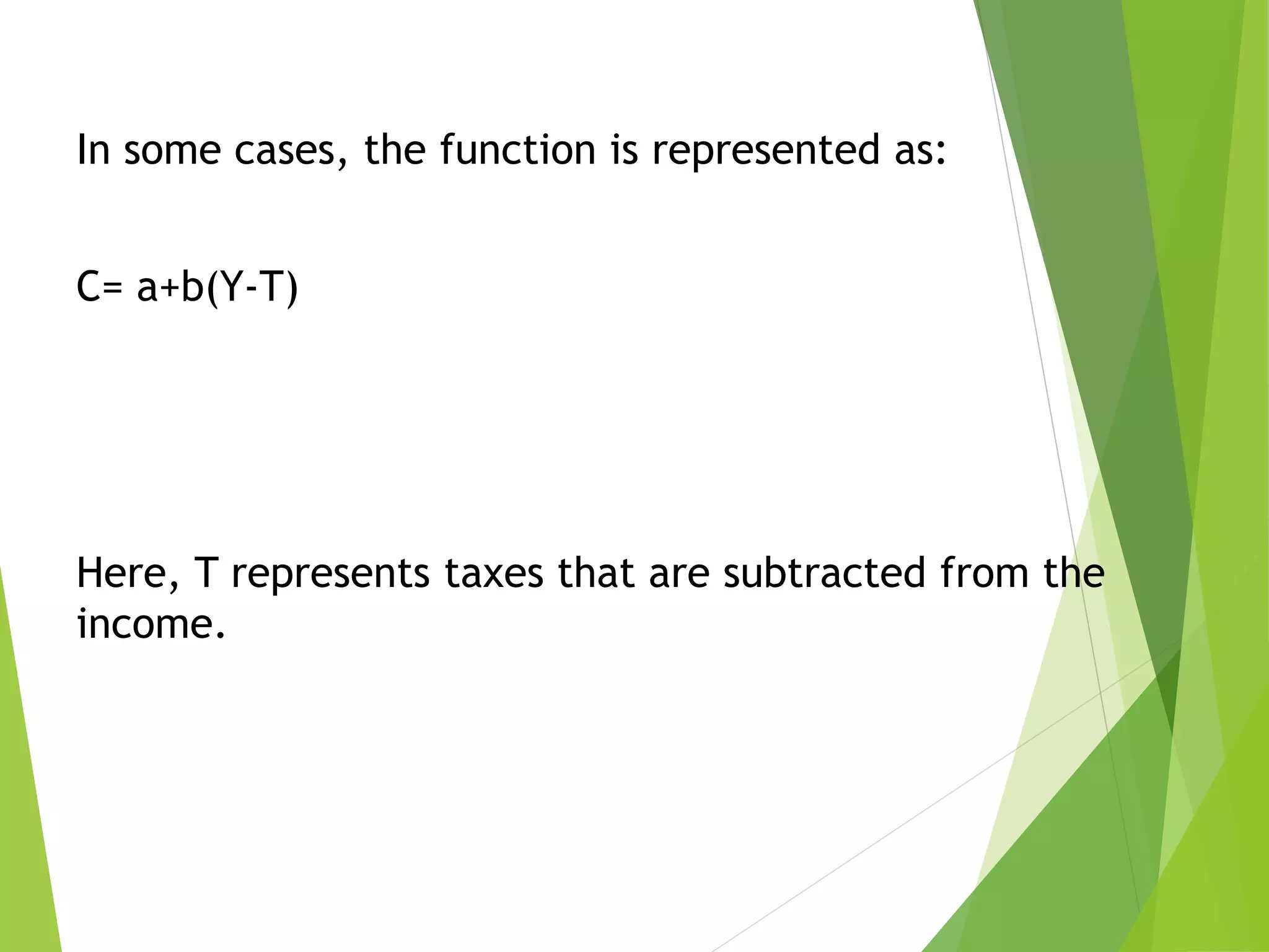 In some cases, the function is represented as:
C= a+b(Y-T)
Here, T represents taxes that are subtracted from the
income.
 