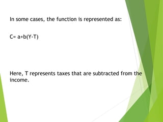 In some cases, the function is represented as:
C= a+b(Y-T)
Here, T represents taxes that are subtracted from the
income.
 