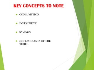 KEY CONCEPTS TO NOTE
 CONSUMPTION
 INVESTMENT
 SAVINGS
 DETERMINANTS OF THE
THREE
 