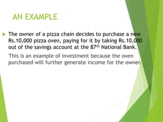 AN EXAMPLE
 The owner of a pizza chain decides to purchase a new
Rs.10,000 pizza oven, paying for it by taking Rs.10,000
out of the savings account at the 87th National Bank.
This is an example of investment because the oven
purchased will further generate income for the owner.
 