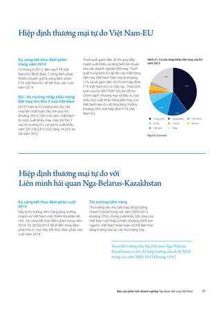 35Báo cáo phân tích doanh nghiệp Tập đoàn dệt may Việt Nam
HiệpđịnhthươngmạitựdoViệtNam-EU
Kỳ vọng kết thúc đàm phán
trong năm 2014
Từ tháng 6/2012, đến nay FTA Việt
Nam-EU đã đi được 7 vòng đàm phán.
Nhiều chuyên gia kỳ vọng đàm phán
FTA Việt Nam-EU sẽ kết thúc vào cuối
năm 2014.
EU - thị trường nhập khẩu hàng
Dệt may lớn thứ 2 của Việt Nam
EU-27 hiện là thị trường tiêu thụ Dệt
may lớn nhất toàn cầu, với quy mô
khoảng 350 tỉ USD mỗi năm. Việt Nam
là nước xuất khẩu may mặc lớn thứ 7
vào thị trường EU, với giá trị xuất khẩu
năm 2013 là 2,8 tỉ USD, tăng 14,32% so
với năm 2012.
Thuế suất giảm dần về 0% giúp đẩy
mạnh xuất khẩu và tăng biên lợi nhuận
cho các doanh nghiệp Dệt may: Thuế
suất trung bình EU áp lên các mặt hàng
Dệt may Việt Nam hiện nay là khoảng
11% và sẽ giảm dần về 0% khi hiệp định
FTA Việt Nam-EU có hiệu lực. Theo tính
toán của EU-MUTRAP (Dự án Hỗ trợ
Chính sách Thương mại và Đầu tư của
châu Âu) xuất khẩu hàng Dệt may của
Việt Nam vào EU sẽ tăng tăng trưởng
khoảng 20% nhờ hiệp định FTA Việt
Nam EU.
Hình 21. Cơ cấu nhập khẩu Dệt may của EU
năm 2013
39.91%
14.08%
12.93%
6.13%
3.09%
3.15%
2.72%
17.98%
„„ Trung Quốc „„ Bangladesh „„ Thổ nhĩ kỳ
„„ Ấn độ „„ Tunisia „„ Moroco
„„ Việt Nam „„ Khác
Nguồn: Eurostat
Hiệpđịnhthươngmạitựdovới
LiênminhhảiquanNga-Belarus-Kazakhstan
Kỳ vọng kết thúc đàm phán cuối
2014
Đây là thị trường tiềm năng tăng trưởng
nhanh và Việt Nam mới chiếm thị phần rất
nhỏ. Kỳ vọng kết thúc đàm phán trong năm
2014. Từ 28/03/2013 đã đi đến vòng đàm
phán thứ 6, mục tiêu kết thúc đàm phán vào
cuối năm 2014.
Thị trường tiềm năng
Thị trường tiêu thụ Dệt may tăng trưởng
nhanh (CAGR trong các năm 2003-2013
khoảng 10%), nhưng xuất khẩu Dệt may của
Việt Nam còn thấp (chiếm khoảng 0,6% kim
ngạch). Việt Nam hoàn toàn có thể đạt mức
tăng trưởng cao tại các thị trường này.
Toàn thị trường tiêu thụ Dệt may Nga-Belarus-
Kazakhstan có tốc độ tăng trưởng nhanh (CAGR
trong các năm 2003-2013 khoảng 10%)
 