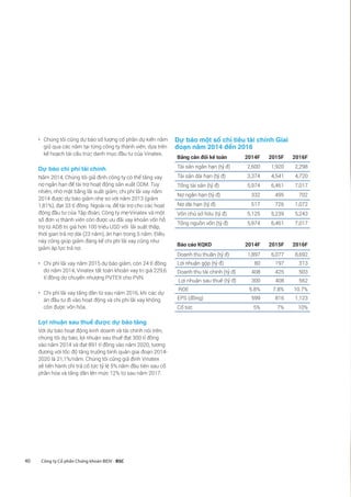 40 Công ty Cổ phần Chứng khoán BIDV - BSC
•	 Chúng tôi cũng dự báo số lượng cổ phần dự kiến nắm
giữ qua các năm tại từng công ty thành viên, dựa trên
kế hoạch tái cấu trúc danh mục đầu tư của Vinatex.
Dự báo chi phí tài chính
Năm 2014, Chúng tôi giả định công ty có thể tăng vay
nợ ngắn hạn để tài trợ hoạt động sản xuất ODM. Tuy
nhiên, nhờ mặt bằng lãi suất giảm, chi phí lãi vay năm
2014 được dự báo giảm nhẹ so với năm 2013 (giảm
1,81%), đạt 33 tỉ đồng. Ngoài ra, để tài trợ cho các hoạt
động đầu tư của Tập đoàn, Công ty mẹ-Vinatex và một
số đơn vị thành viên còn được ưu đãi vay khoản vốn hỗ
trợ từ ADB trị giá hơn 100 triệu USD với lãi suất thấp,
thời gian trả nợ dài (23 năm), ân hạn trong 5 năm. Điều
này cũng giúp giảm đáng kể chi phí lãi vay cũng như
giảm áp lực trả nợ.
•	 Chi phí lãi vay năm 2015 dự báo giảm, còn 24 tỉ đồng
do năm 2014, Vinatex tất toán khoản vay trị giá 229,6
tỉ đồng do chuyển nhượng PVTEX cho PVN.
•	 Chi phí lãi vay tăng dần từ sau năm 2016, khi các dự
án đầu tư đi vào hoạt động và chi phí lãi vay không
còn được vốn hóa.
Lợi nhuận sau thuế được dự báo tăng
Với dự báo hoạt động kinh doanh và tài chính nói trên,
chúng tôi dự báo, lợi nhuận sau thuế đạt 300 tỉ đồng
vào năm 2014 và đạt 891 tỉ đồng vào năm 2020, tương
đương với tốc độ tăng trưởng bình quân giai đoạn 2014-
2020 là 21,1%/năm. Chúng tôi cũng giả định Vinatex
sẽ tiến hành chi trả cổ tức tỷ lệ 5% năm đầu tiên sau cổ
phần hóa và tăng dần lên mức 12% từ sau năm 2017.
Dự báo một số chỉ tiêu tài chính Giai
đoạn năm 2014 đến 2016
Bảng cân đối kế toán 2014F 2015F 2016F
Tài sản ngắn hạn (tỷ đ) 2,600 1,920 2,298
Tài sản dài hạn (tỷ đ) 3,374 4,541 4,720
Tổng tài sản (tỷ đ) 5,974 6,461 7,017
Nợ ngắn hạn (tỷ đ) 332 495 702
Nợ dài hạn (tỷ đ) 517 726 1,072
Vốn chủ sở hữu (tỷ đ) 5,125 5,239 5,243
Tổng nguồn vốn (tỷ đ) 5,974 6,461 7,017
Báo cáo KQKD 2014F 2015F 2016F
Doanh thu thuần (tỷ đ) 1,897 6,077 8,692
Lợi nhuận gộp (tỷ đ) 80 197 313
Doanh thu tài chính (tỷ đ) 408 425 503
Lợi nhuận sau thuế (tỷ đ) 300 408 562
ROE 5.8% 7.8% 10.7%
EPS (đồng) 599 816 1,123
Cổ tức 5% 7% 10%
 