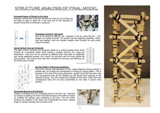 Zig Zag Pattern of Bracing Installation
Due to the uneven load distribution of the single diagonal bracing arrange in
parallel way, we change the arrangement of bracing to zigzag pattern. This is
because if one side of the tower experience greater force than the other side
,the compressive force will be offsetting by the tensile force exerting on the
opposite bracing. This will increase the strength of the tower. Other than that
,compressive force will not only concentrate on one side if uneven force
exerted
Horizontal Bracing at the Bottom
Instead of allowing only four contacting point to the floor, we improved
our design by adding one more horizontal bracing to the bottom of tower
,to increase the surface area contacting to the floor. This will further
enhance the stability of the tower and compensate the minor unequal
length of vertical members due to human error.
Changing V joints to flat joints
Due to the technical difficulty, we replaced V join by using flat join , The
straight cut surface allowed full contact with the adjoining members. When
load was applied, load can transfer straight down through the well joined
vertical members .
Using Vertical Core as Formwork
The eight vertical members are temporary attach to a vertical wooden block which
function as a guideline which result having a straight structure. BY using this
mechanism , less error will be occurred as different parts were able to collaborate
well during assembly process .As a result, the structure was firm even before the
tying process. This vertical block was also increase the accuracy and efficiency for
the construction of tower
Increased layers of thread on the joins
Bracings, vertical and horizontal members are tied as one so they are
not likely to slide or shear off. It will hold and fix the members to
prevent movement of members in pressure.
STRUCTURE ANALYSIS OF FINAL MODEL
6
 