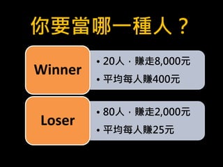 • 20人，賺走8,000元
• 平均每人賺400元
Winner
• 80人，賺走2,000元
• 平均每人賺25元
Loser
你要當哪一種人？
 