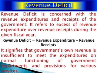 Fiscal deficit presents a more comprehensive view of
budgetary imbalances. Fiscal Deficit refers to the
excess of total ex...