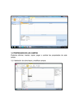 1.3 PROPIEDADES DE LOS CAMPOS 
Podemos eliminar, insertar, copiar, pegar o cambiar las propiedades de cada 
campo. 
1.3.1 Ilustración de cómo hacer y modificar campos 
 