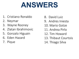 8. David Luiz 
9. Andres Iniesta 
10. Mario Gotze 
11. Andrea Pirlo 
12. Tim Howard 
13. Thibaut Courtois 
14. Thiago Silva 
1. Cristiano Ronaldo 
2. Neymar 
3. Wayne Rooney 
4. Zlatan Ibrahimovic 
5. Gonzalo Higuain 
6. Eden Hazard 
7. Pique 
 