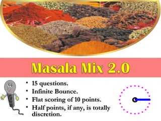 • 1155 qquueessttiioonnss.. 
• IInnffiinniittee BBoouunnccee.. 
• FFllaatt ssccoorriinngg ooff 1100 ppooiinnttss.. 
• HHaallff ppooiinnttss,, iiff aannyy,, iiss ttoottaallllyy QQMM’’ss 
ddiissccrreettiioonn.. 
 