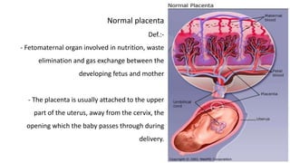 Normal placenta 
Def.:- 
- Fetomaternal organ involved in nutrition, waste 
elimination and gas exchange between the 
developing fetus and mother 
- The placenta is usually attached to the upper 
part of the uterus, away from the cervix, the 
opening which the baby passes through during 
delivery. 
 