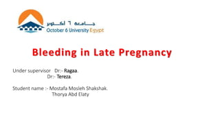 Bleeding in Late Pregnancy 
Under supervisor Dr:- Ragaa. 
Dr:- Tereza. 
Student name :- Mostafa Mosleh Shakshak. 
Thorya Abd Elaty 
 