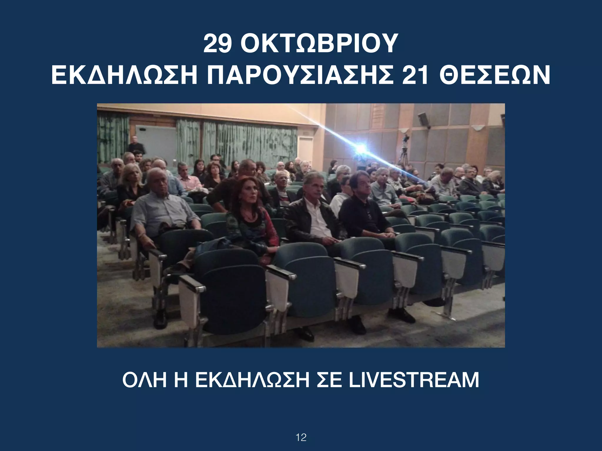 29 ΟΚΤΩΒΡΙΟΥ
ΕΚΔΗΛΩΣΗ ΠΑΡΟΥΣΙΑΣΗΣ 21 ΘΕΣΕΩΝ
ΟΛΗ Η ΕΚΔΗΛΩΣΗ ΣΕ LIVESTREAM
12
 