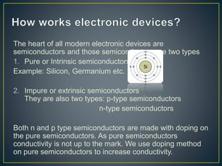 The heart of all modern electronic devices are 
semiconductors and those semiconductors are two types 
1. Pure or Intrinsic semiconductors 
Example: Silicon, Germanium etc. 
2. Impure or extrinsic semiconductors 
They are also two types: p-type semiconductors 
n-type semiconductors 
Both n and p type semiconductors are made with doping on 
the pure semiconductors. As pure semiconductors 
conductivity is not up to the mark. We use doping method 
on pure semiconductors to increase conductivity. 
 