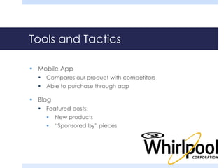 Tools and Tactics 
 Mobile App 
 Compares our product with competitors 
 Able to purchase through app 
 Blog 
 Featured posts: 
 New products 
 “Sponsored by” pieces 
 