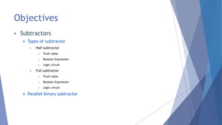 Objectives 
 Subtractors 
 Types of subtractor 
1. Half subtractor 
 Truth table 
 Boolean Expression 
 Logic circuit 
2. Full subtractor 
 Truth table 
 Boolean Expression 
 Logic circuit 
 Parallel binary subtractor 
 