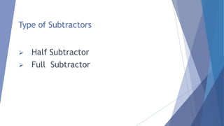 Type of Subtractors 
 Half Subtractor 
 Full Subtractor 
 