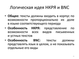 Логическая идея НКРЯ и BNC 
•Общее: тексты должны входить в корпус по возможности пропорционально их доле в языке соответствующего периода 
•Особенность НКРЯ: представление по возможности всеx видов письменных и устных текстов 
•Особенность BNC: тексты должны представлять язык в целом, а не показывать отдельные его виды 
15  