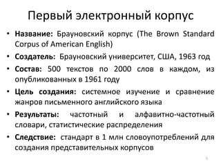Первый электронный корпус 
•Название: Брауновский корпус (The Brown Standard Corpus of American English) 
•Создатель: Брауновский университет, США, 1963 год 
•Состав: 500 текстов по 2000 слов в каждом, из опубликованных в 1961 году 
•Цель создания: системное изучение и сравнение жанров письменного английского языка 
•Результаты: частотный и алфавитно-частотный словари, статистические распределения 
•Следствие: стандарт в 1 млн словоупотреблений для создания представительных корпусов 
5  