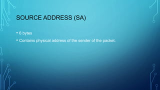 SOURCE ADDRESS (SA)
• 6 bytes
• Contains physical address of the sender of the packet.
 