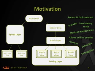 Serving Layer
Motivation
BIS2013-RGB GROUP 4
NEW DATA
Master Data
Batch Layer
Batch
View
Batch
View
Batch
View
Robust & fault-tolerant
Low latency
reads
Allows ad hoc queries
Low latency
update
Speed Layer
Real - Time
View
Real - Time
View
 
