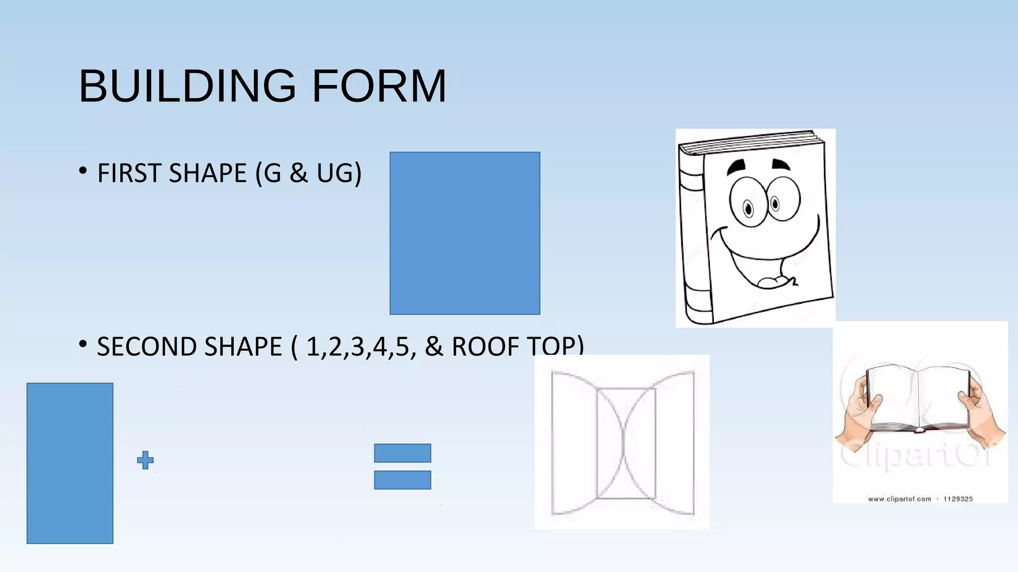 BUILDING FORM
• FIRST SHAPE (G & UG)
• SECOND SHAPE ( 1,2,3,4,5, & ROOF TOP)