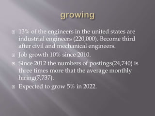  13% of the engineers in the united states are
industrial engineers (220,000). Become third
after civil and mechanical engineers.
 Job growth 10% since 2010.
 Since 2012 the numbers of postings(24,740) is
three times more that the average monthly
hiring(7,737).
 Expected to grow 5% in 2022.
 