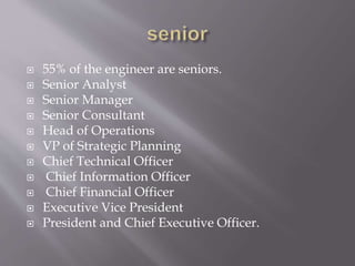  55% of the engineer are seniors.
 Senior Analyst
 Senior Manager
 Senior Consultant
 Head of Operations
 VP of Strategic Planning
 Chief Technical Officer
 Chief Information Officer
 Chief Financial Officer
 Executive Vice President
 President and Chief Executive Officer.
 