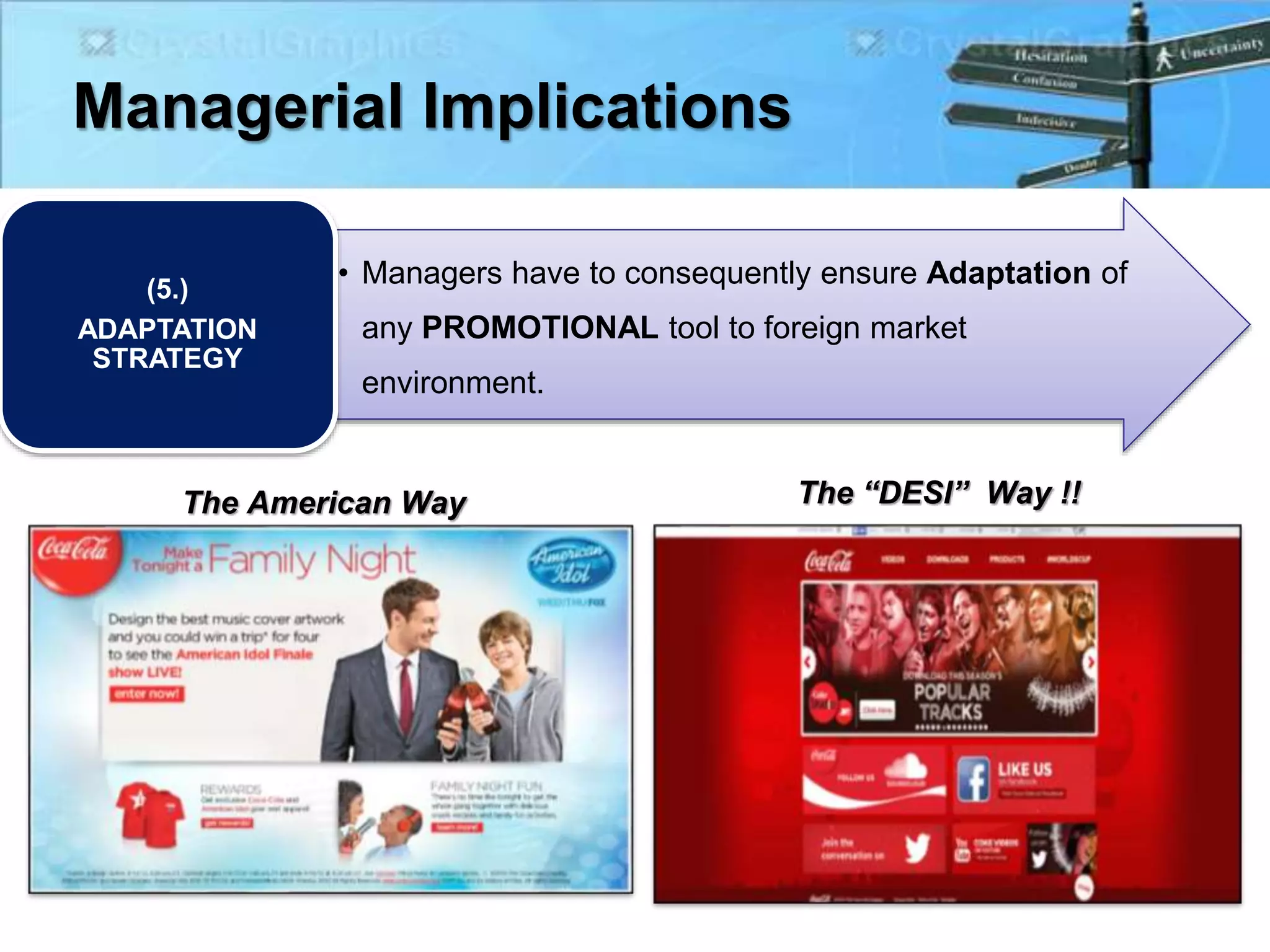 Managerial Implications
• Managers have to consequently ensure Adaptation of
any PROMOTIONAL tool to foreign market
environment.
(5.)
ADAPTATION
STRATEGY
The American Way The “DESI” Way !!
 