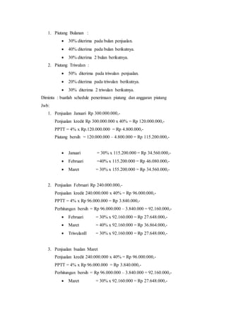 1. Piutang Bulanan :
 30% diterima pada bulan penjualan.
 40% diterima pada bulan berikutnya.
 30% diterima 2 bulan berikutnya.
2. Piutang Triwulan :
 50% diterima pada triwulan penjualan.
 20% diterima pada triwulan berikutnya.
 30% diterima 2 triwulan berikutnya.
Diminta : buatlah schedule penerimaan piutang dan anggaran piutang
Jwb:
1. Penjualan Januari Rp 300.000.000,-
Penjualan kredit Rp 300.000.000 x 40% = Rp 120.000.000,-
PPTT = 4% x Rp.120.000.000 = Rp 4.800.000,-
Piutang bersih = 120.000.000 – 4.800.000 = Rp 115.200.000,-
 Januari = 30% x 115.200.000 = Rp 34.560.000,-
 Februari =40% x 115.200.000 = Rp 46.080.000,-
 Maret = 30% x 155.200.000 = Rp 34.560.000,-
2. Penjualan Februari Rp 240.000.000,-
Penjualan kredit 240.000.000 x 40% = Rp 96.000.000,-
PPTT = 4% x Rp 96.000.000 = Rp 3.840.000,-
Perhitungan bersih = Rp 96.000.000 – 3.840.000 = 92.160.000,-
 Februari = 30% x 92.160.000 = Rp 27.648.000,-
 Maret = 40% x 92.160.000 = Rp 36.864.000,-
 TriwulanII = 30% x 92.160.000 = Rp 27.648.000,-
3. Penjualan bualan Maret
Penjualan kredit 240.000.000 x 40% = Rp 96.000.000,-
PPTT = 4% x Rp 96.000.000 = Rp 3.840.000,-
Perhitungan bersih = Rp 96.000.000 – 3.840.000 = 92.160.000,-
 Maret = 30% x 92.160.000 = Rp 27.648.000,-
 