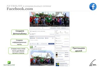 NUTRILITE в социальных сетях
Facebook.com
Приглашаем
друзей
Создаем
информационные
посты
Создаем
фотоальбомы
Ставим теги в теле
поста для более
лучшего поиска
 