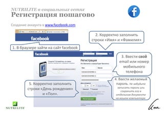 Создание аккаунта в www.facebook.com
NUTRILITE в социальных сетях
Регистрация пошагово
1. В браузере зайти на сайт facebook
2. Корректно заполнить
строки «Имя» и «Фамилия»
3. Ввести свой
email или номер
мобильного
телефона
4. Ввести желаемый
пароль. Не забудьте
записать пароль или
сохранить его в
отдельном документе
на вашем компьютере.
5. Корректно заполнить
строки «День рождения»
и «Пол».
 