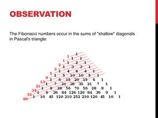 OBSERVATION
The Fibonacci numbers occur in the sums of "shallow" diagonals
in Pascal's triangle:
 